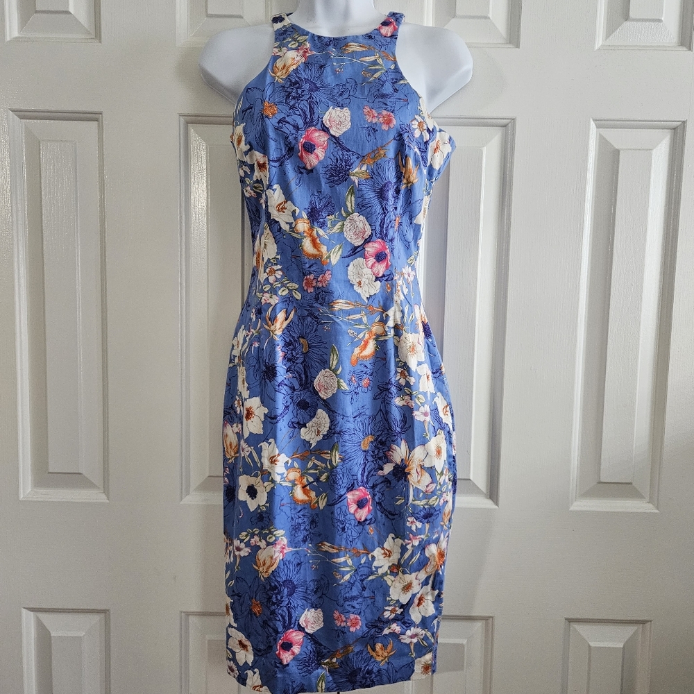 Zara Woman Dress S XS Floral Bodycon Halter Blue FLAW Midi Scuba Colorful Retro